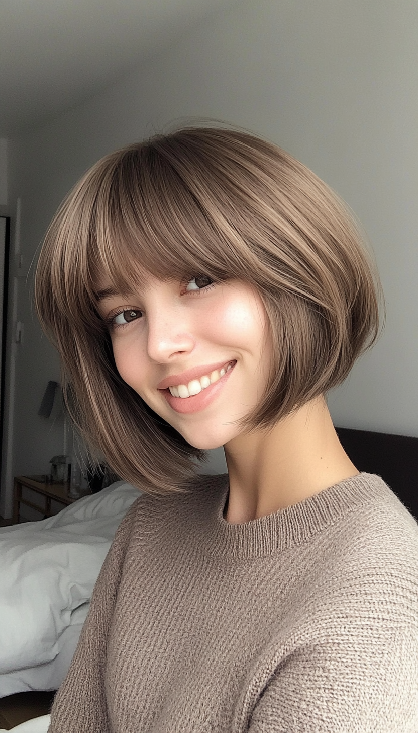 3. Feathered Ash Brown Bob (Short Bob Hairstyles With Fringe) - Short Bob Hairstyles With Fringe