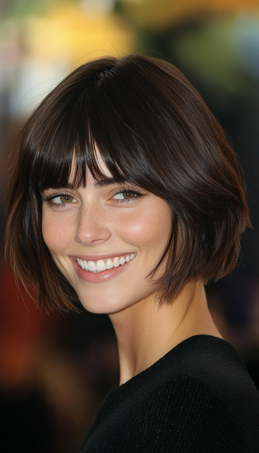 4. Curved Chocolate Bob with Wispy Bangs (Short Bob Hairstyles With Fringe) - Short Bob Hairstyles With Fringe