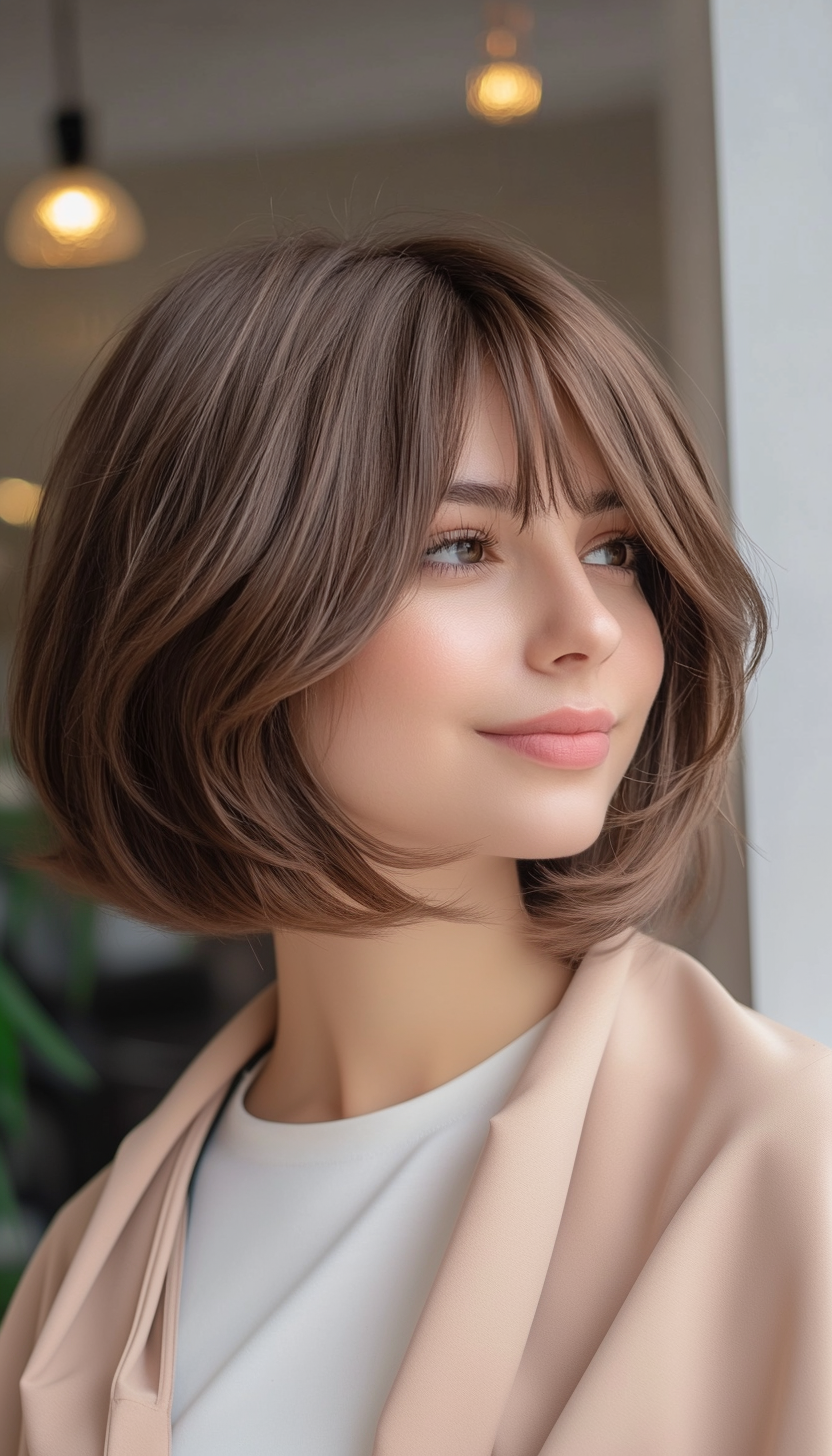 9. Voluminous Warm Brown Bob with Curtain Fringe (Short Bob Hairstyles With Fringe) - Short Bob Hairstyles With Fringe