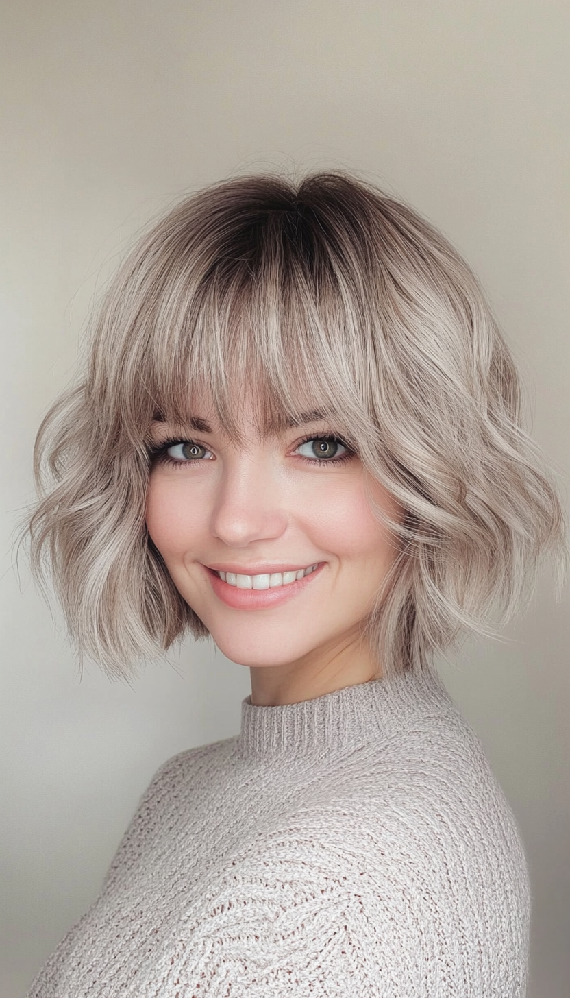 12. Wavy Ash Blonde Bob with Feathered Fringe (Short Bob Hairstyles With Fringe) - Short Bob Hairstyles With Fringe