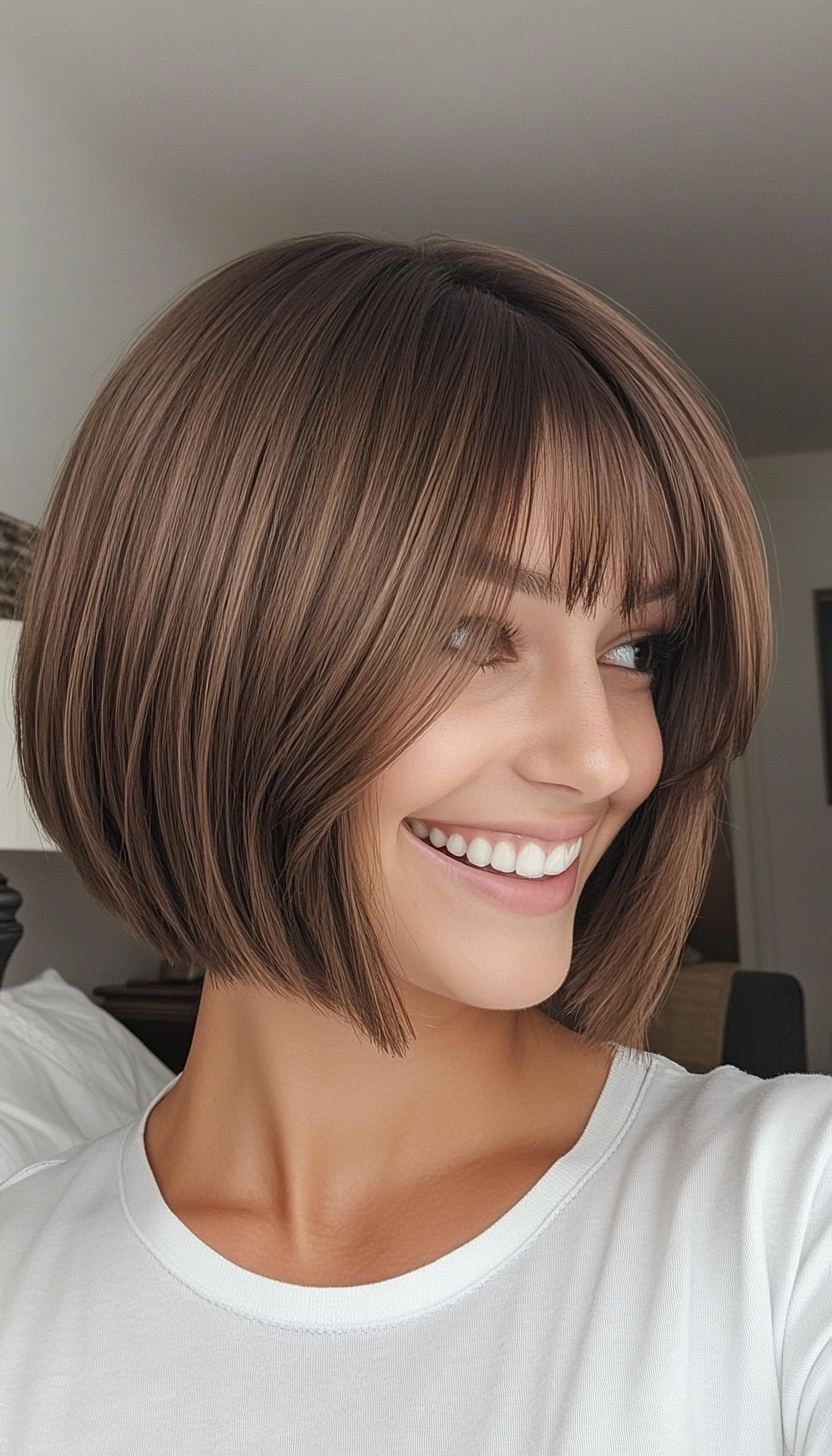 13. Subtle Layered Walnut Brown Bob (Short Bob Hairstyles With Fringe) - Short Bob Hairstyles With Fringe