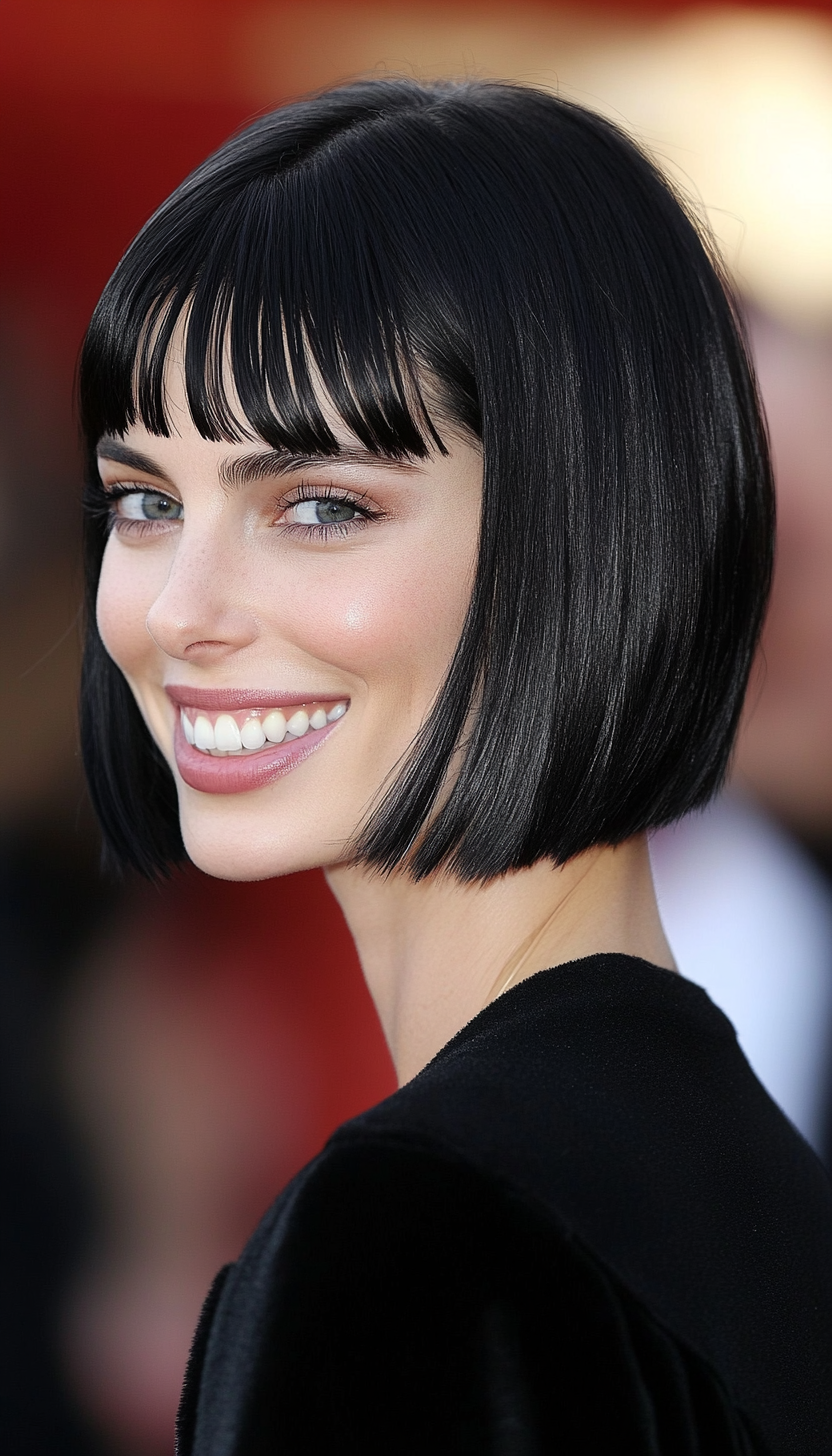 14. Sculpted Raven Black Bob with Blunt Fringe (Short Bob Hairstyles With Fringe) - Short Bob Hairstyles With Fringe
