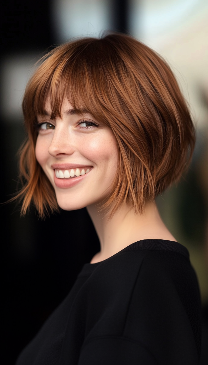 15. Soft Cinnamon Brown Bob with Wispy Ends (Short Bob Hairstyles With Fringe) - Short Bob Hairstyles With Fringe