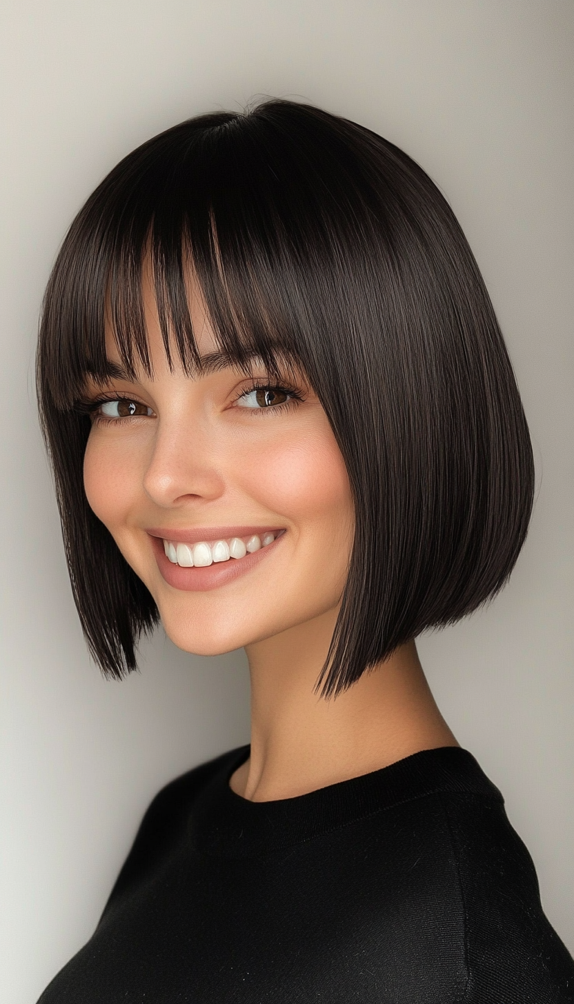 19. Glossy Dark Chocolate Bob with Straight Fringe (Short Bob Hairstyles With Fringe) - Short Bob Hairstyles With Fringe