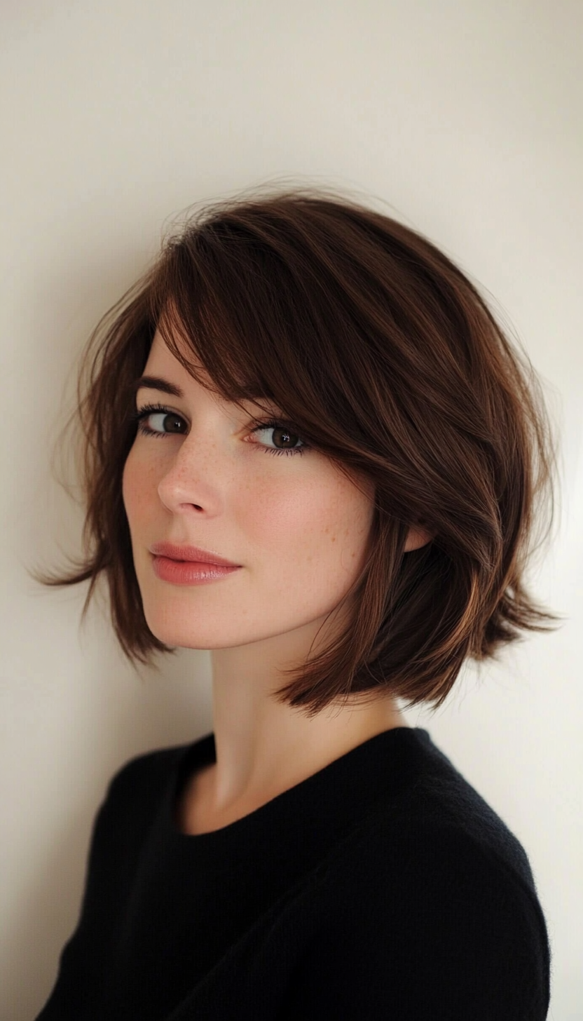 21. Natural Cocoa Brown Bob with Side-Swept Fringe (Short Bob Hairstyles With Fringe) - Short Bob Hairstyles With Fringe