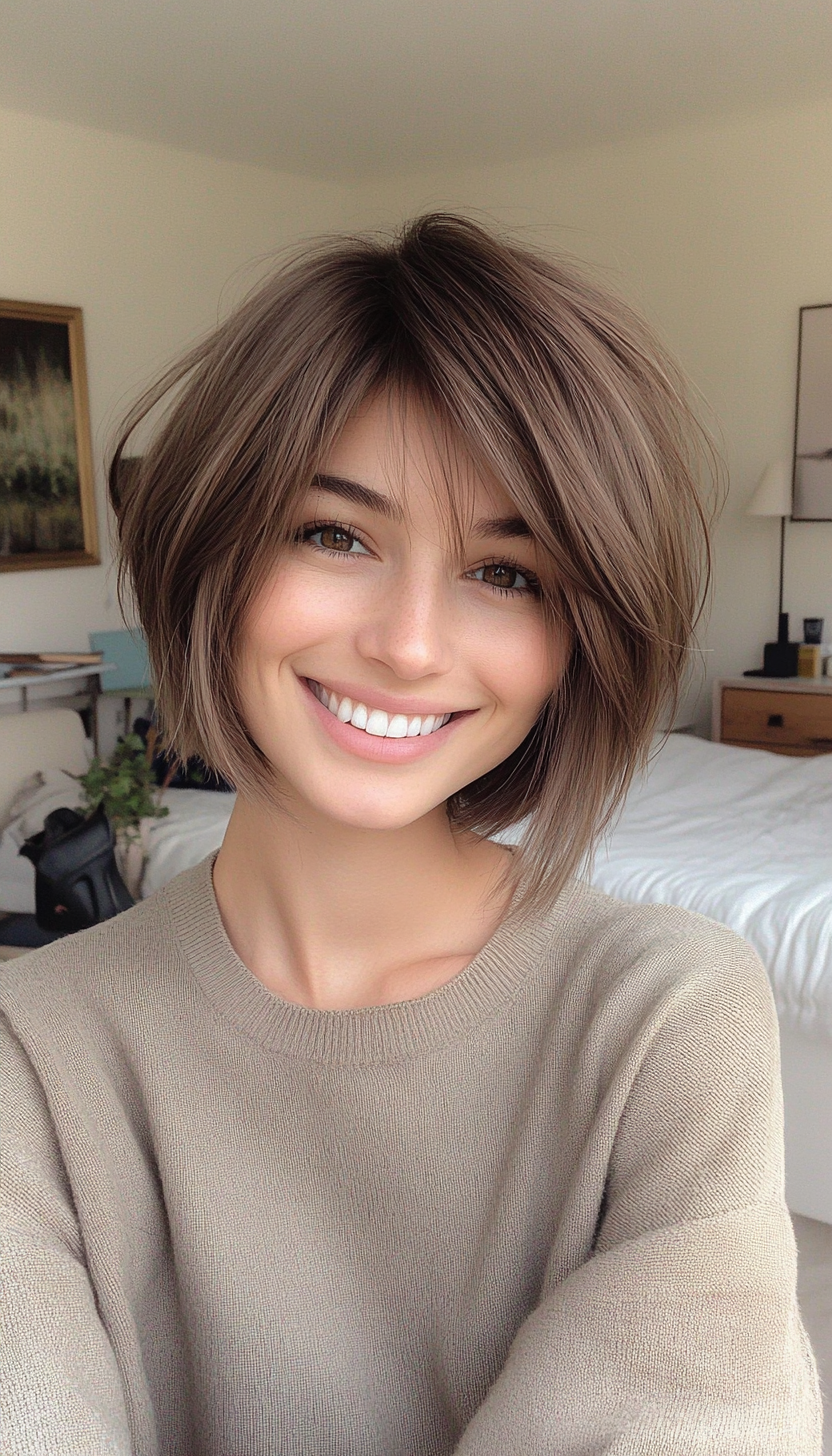22. Modern Ash Brown Bob with Wispy Layers (Short Bob Hairstyles With Fringe) - Short Bob Hairstyles With Fringe