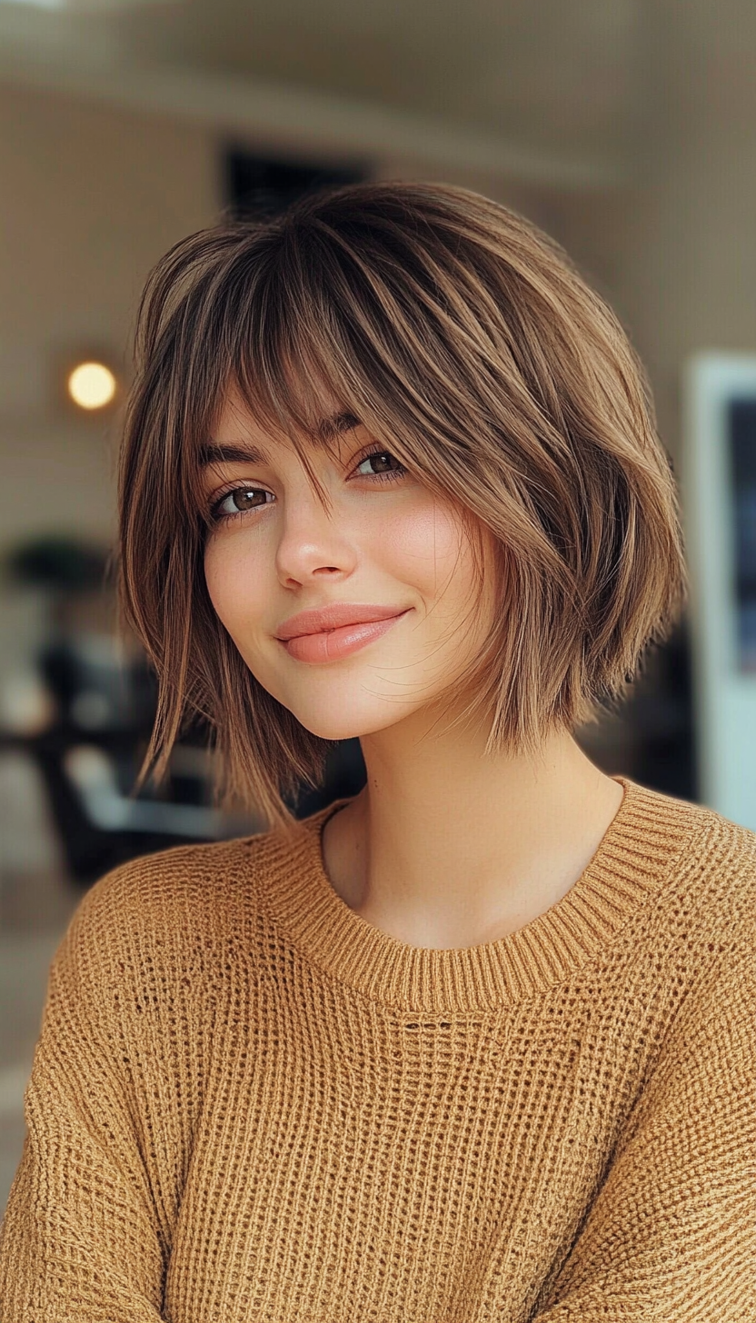23. Undone Caramel Brown Bob with Textured Bangs (Short Bob Hairstyles With Fringe) - Short Bob Hairstyles With Fringe