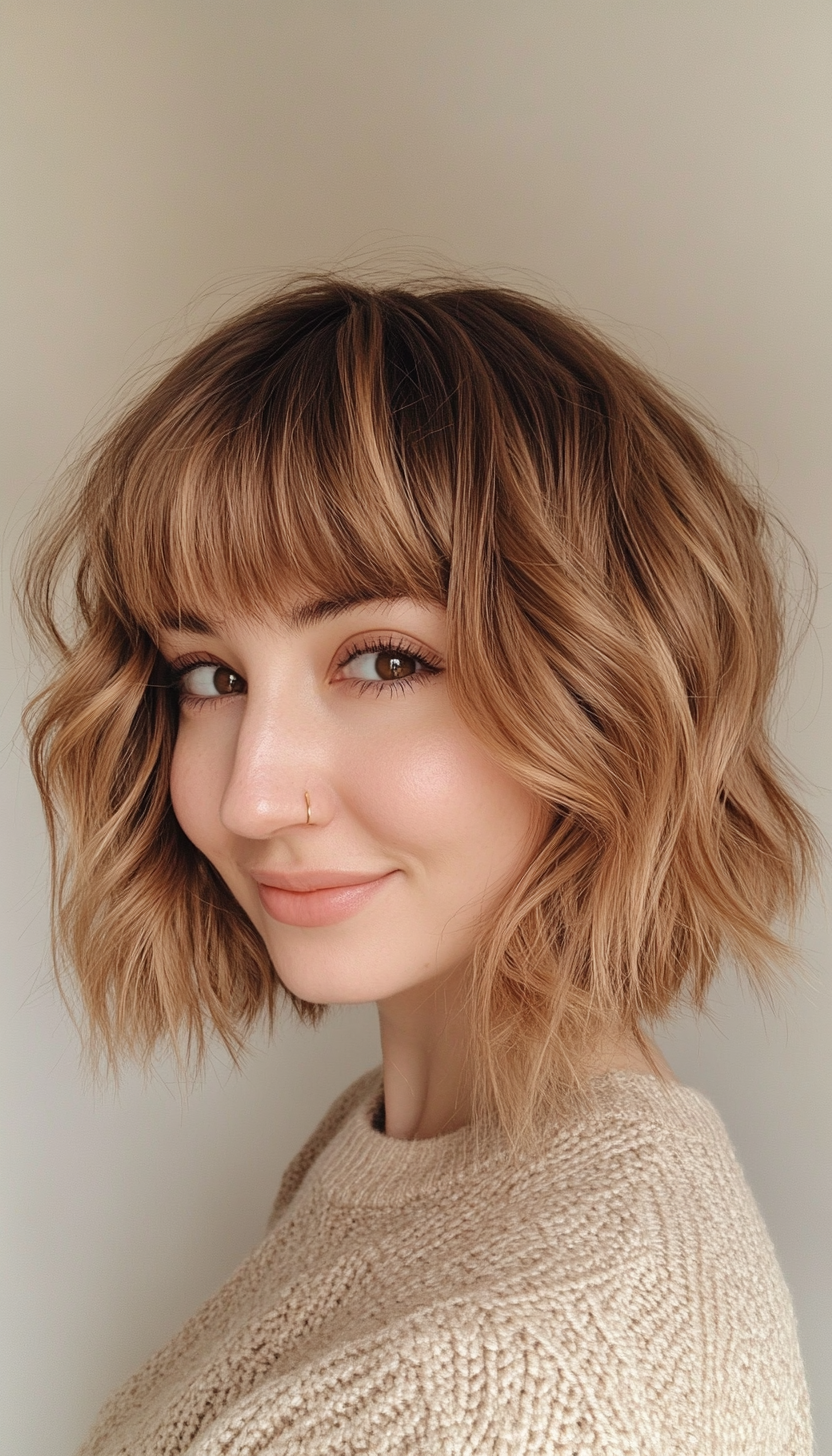 25. Wavy Golden Brown Bob with Loose Fringe (Short Bob Hairstyles With Fringe) - Short Bob Hairstyles With Fringe