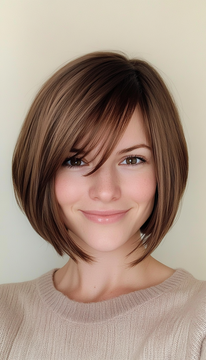 26. Sleek Medium Brown Bob with Curtain Bangs (Short Bob Hairstyles With Fringe) - Short Bob Hairstyles With Fringe
