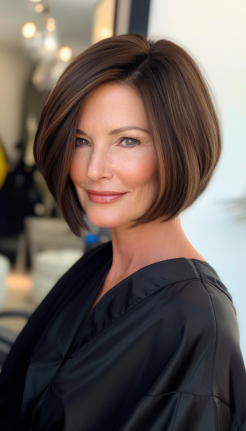 7. Sleek Side-Parted Bob in Dark Chocolate Brown (Short Hairstyles For Women Over 60 With Thin Hair) - Short Hairstyles For Women Over 60 With Thin Hair