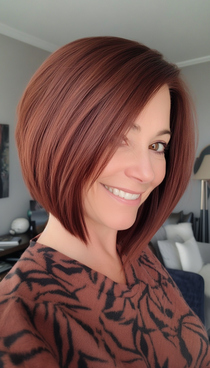 10. Angled Bob in Deep Auburn (Short Hairstyles For Women Over 60 With Thin Hair) - Short Hairstyles For Women Over 60 With Thin Hair