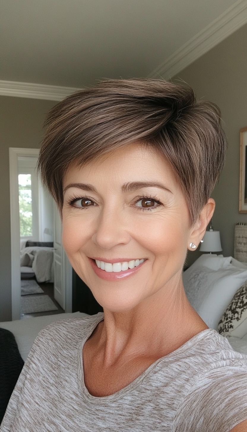 16. Boyish Pixie in Warm Mocha Brown (Short Hairstyles For Women Over 60 With Thin Hair) - Short Hairstyles For Women Over 60 With Thin Hair