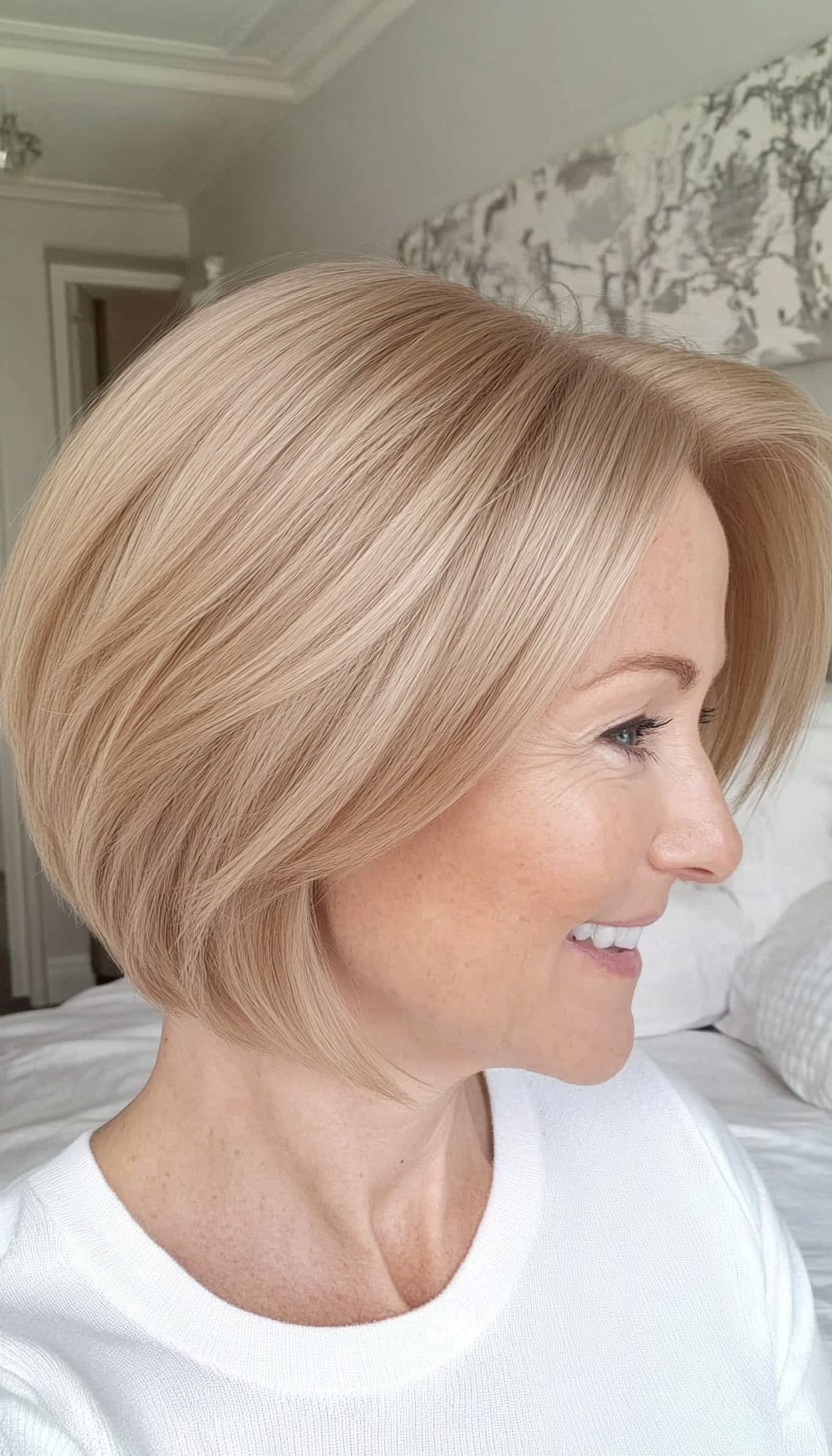 17. Chin-Length Bob with Side Bangs in Golden Honey Blonde (Short Hairstyles For Women Over 60 With Thin Hair) - Short Hairstyles For Women Over 60 With Thin Hair