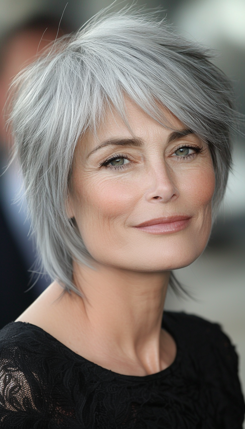 18. Short Feathered Shag in Smoky Silver Gray (Short Hairstyles For Women Over 60 With Thin Hair) - Short Hairstyles For Women Over 60 With Thin Hair