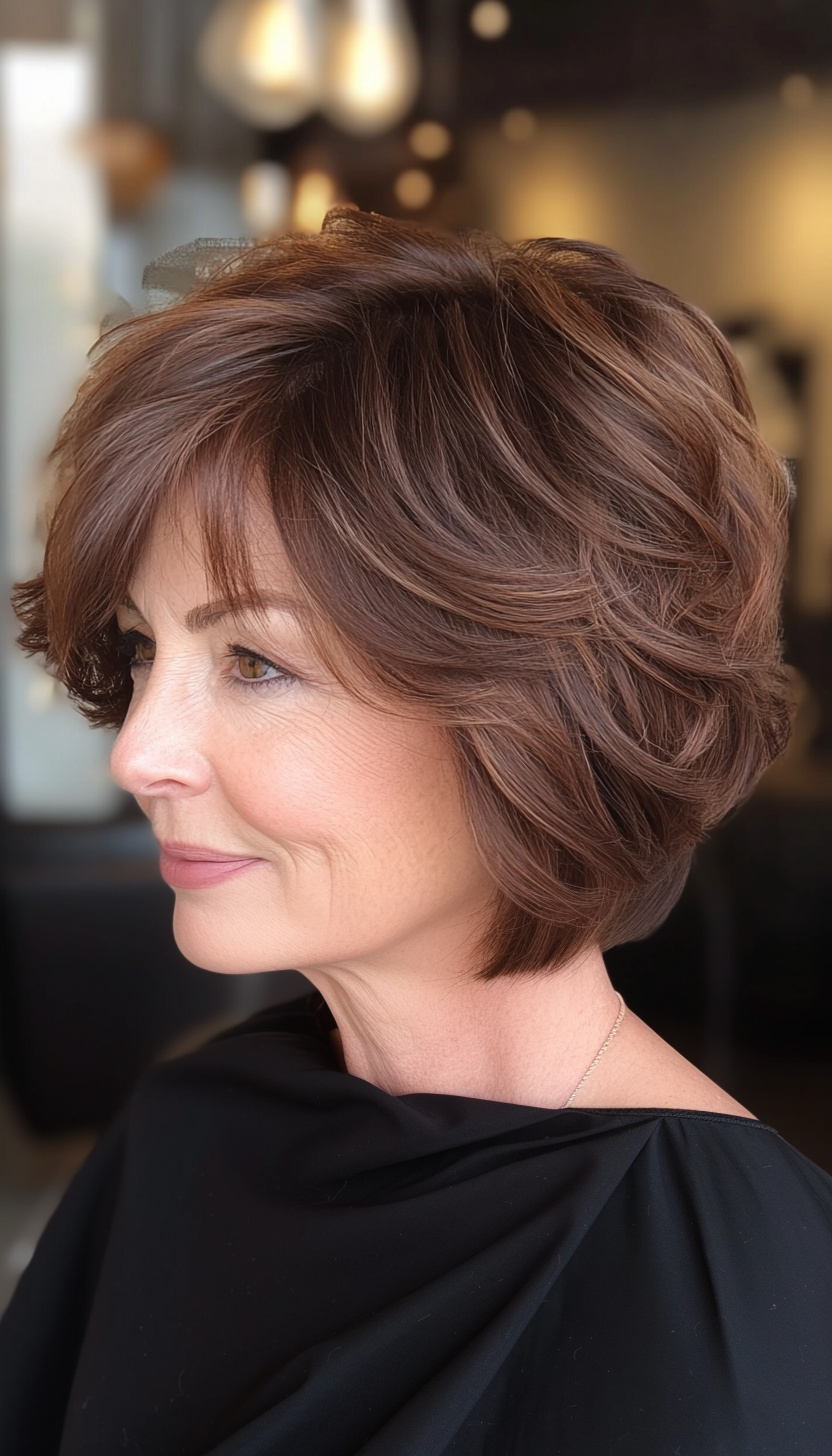 21. Messy Textured Bob in Rich Mahogany Brown (Short Hairstyles For Women Over 60 With Thin Hair) - Short Hairstyles For Women Over 60 With Thin Hair