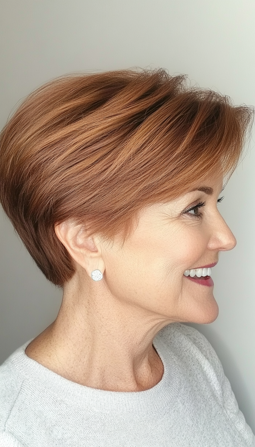 23. Ear-Length Pixie in Warm Copper Brown (Short Hairstyles For Women Over 60 With Thin Hair) - Short Hairstyles For Women Over 60 With Thin Hair