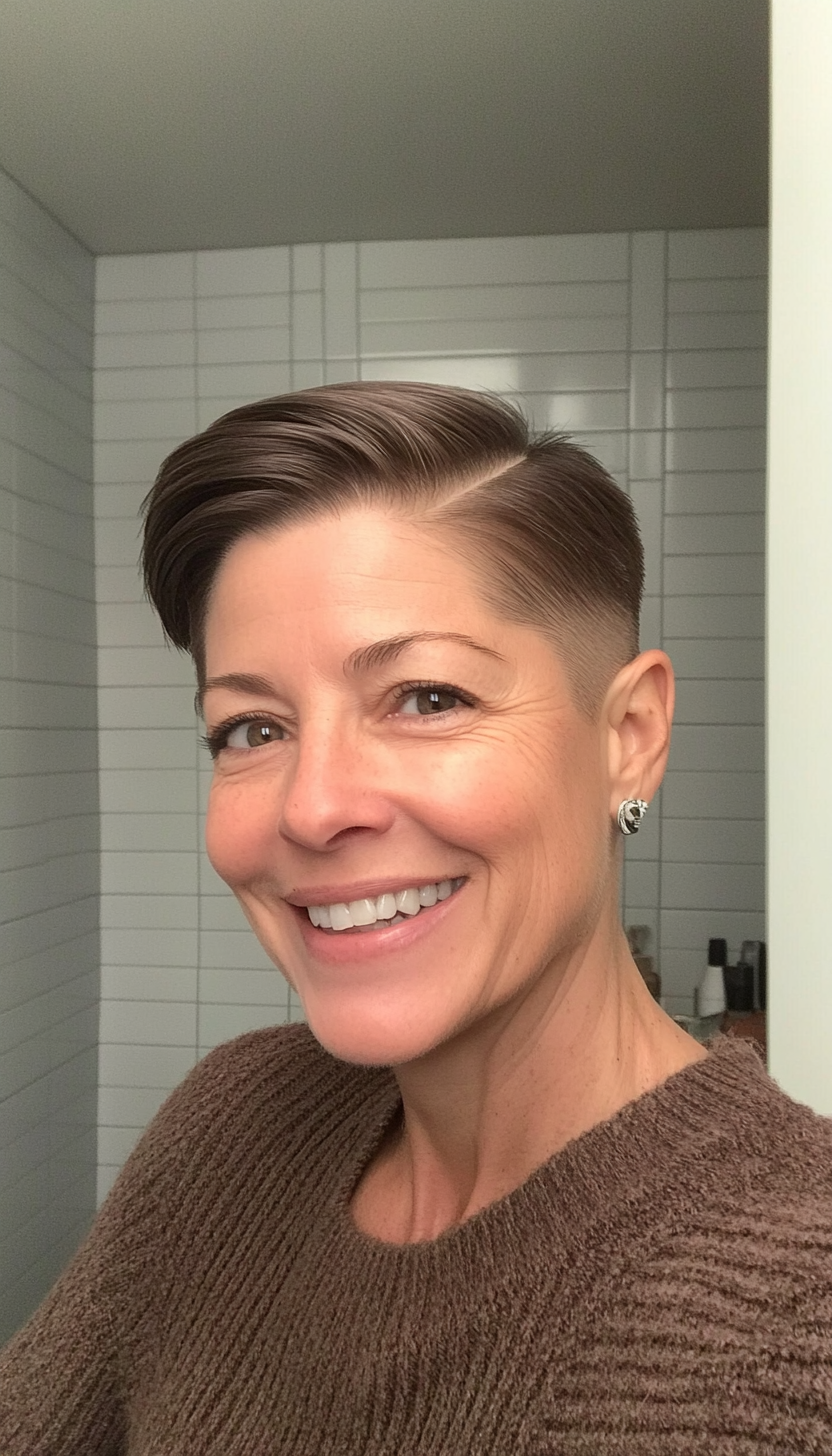 25. Slicked-Back Short Cut in Ash Brown (Short Hairstyles For Women Over 60 With Thin Hair) - Short Hairstyles For Women Over 60 With Thin Hair