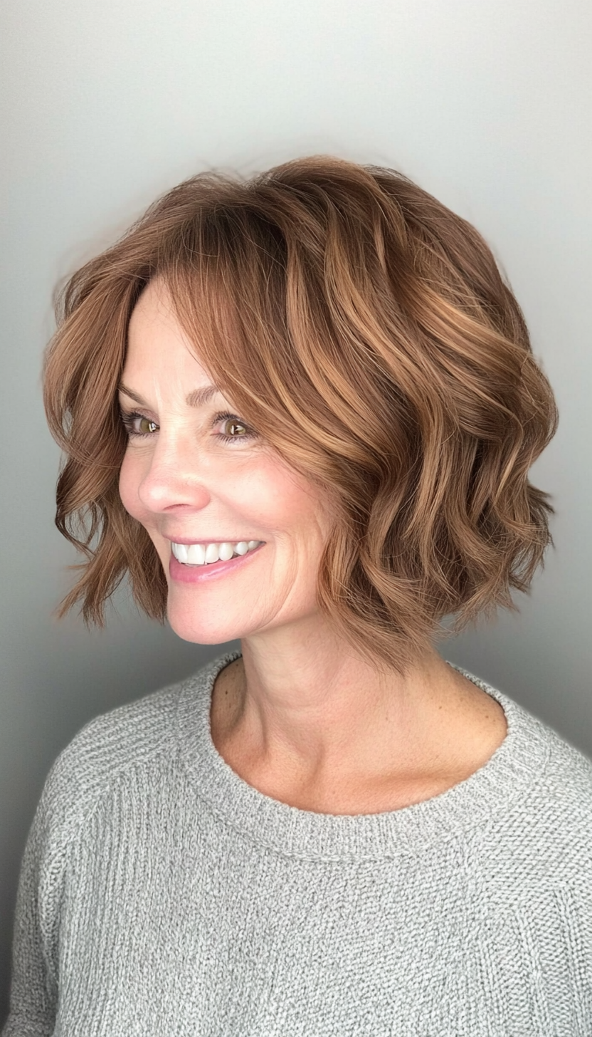 26. Short Wavy Bob in Light Chestnut Brown (Short Hairstyles For Women Over 60 With Thin Hair) - Short Hairstyles For Women Over 60 With Thin Hair
