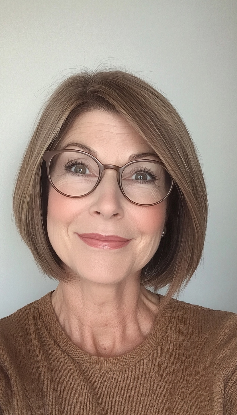 1. Classic Layered Bob in Soft Brown (Hairstyles For Women Over 50 With Glasses) - Hairstyles For Women Over 50 With Glasses