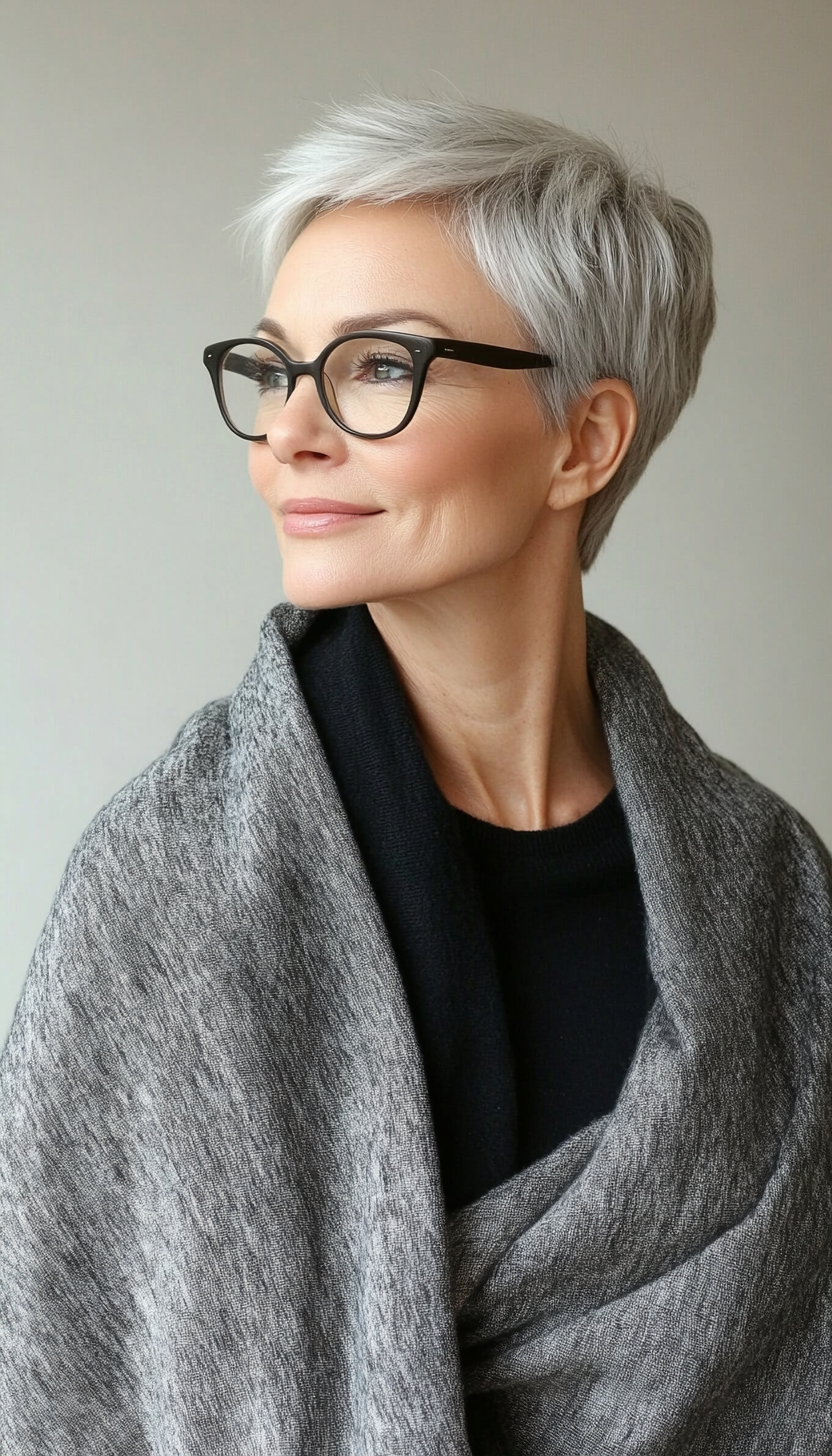 2. Feathered Pixie Cut in Silver Grey (Hairstyles For Women Over 50 With Glasses) - Hairstyles For Women Over 50 With Glasses