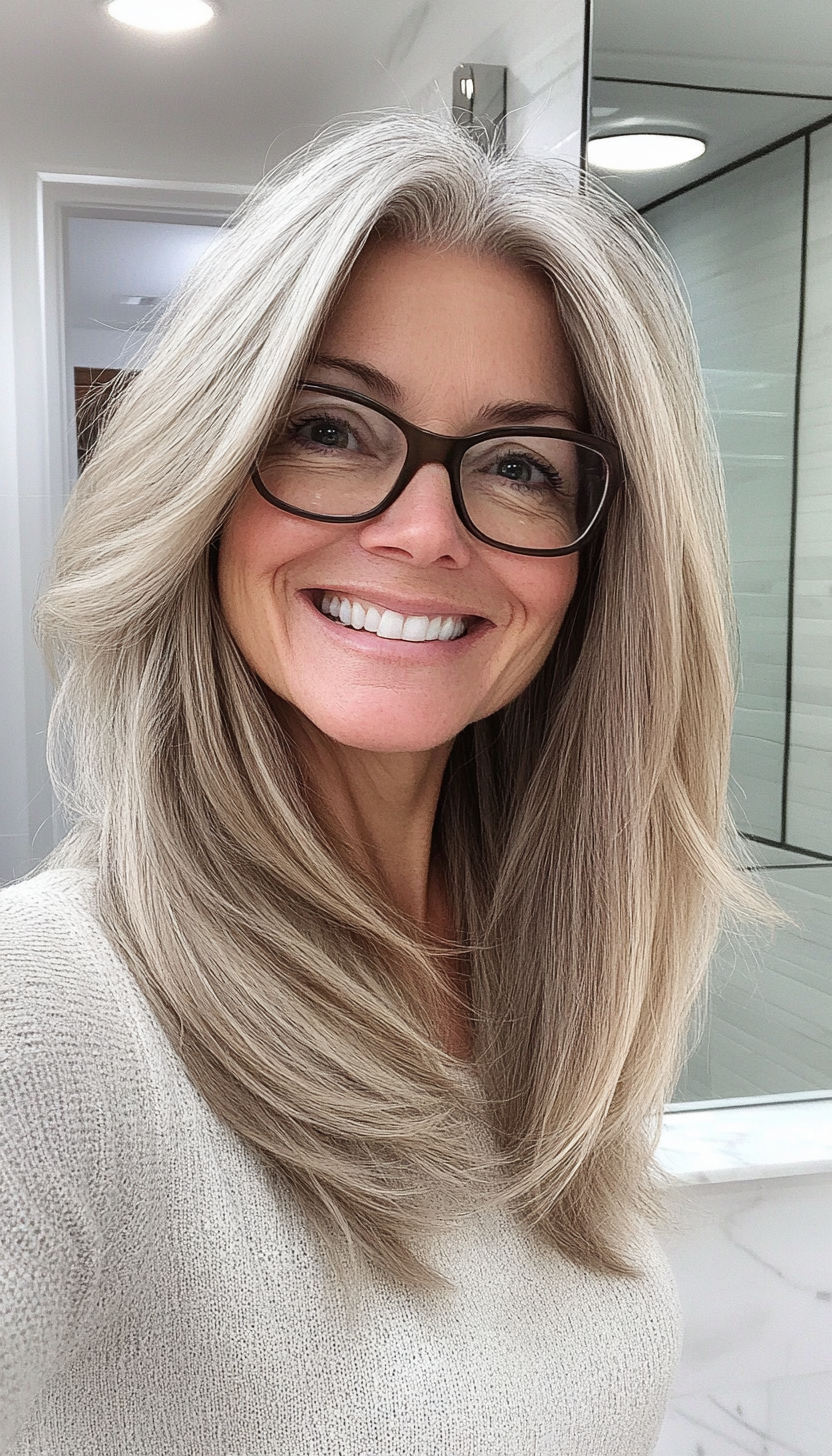 3. Long Wispy Layers in Ash Blonde (Hairstyles For Women Over 50 With Glasses) - Hairstyles For Women Over 50 With Glasses