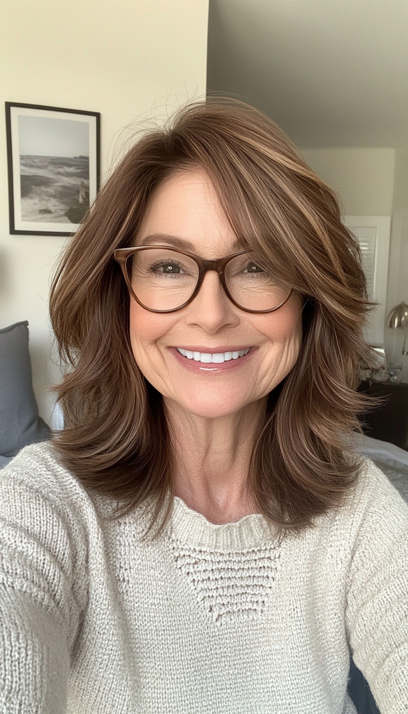 4. Textured Shag in Chestnut Brown (Hairstyles For Women Over 50 With Glasses) - Hairstyles For Women Over 50 With Glasses