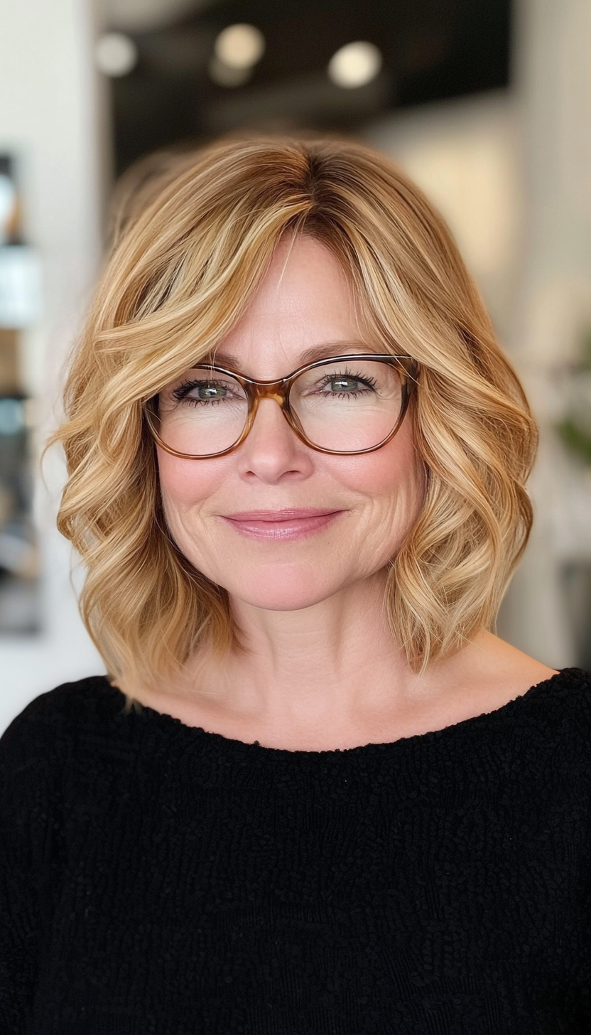 6. Wavy Lob in Honey Blonde (Hairstyles For Women Over 50 With Glasses) - Hairstyles For Women Over 50 With Glasses