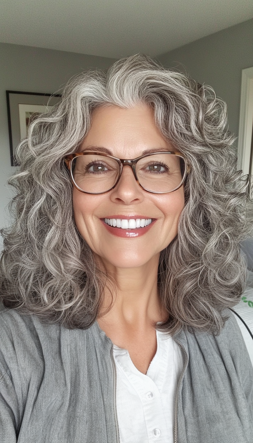 8. Curly Shoulder-Length Layers in Salt and Pepper (Hairstyles For Women Over 50 With Glasses) - Hairstyles For Women Over 50 With Glasses