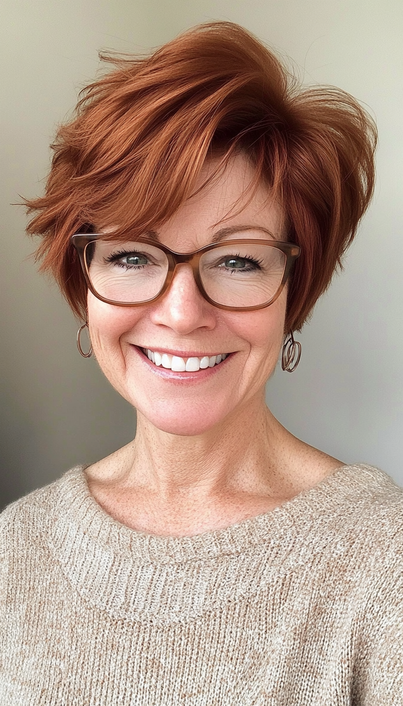 9. Voluminous Short Cut in Warm Auburn (Hairstyles For Women Over 50 With Glasses) - Hairstyles For Women Over 50 With Glasses