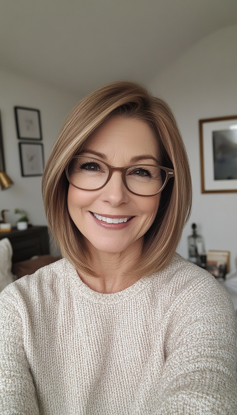 10. Sleek Mid-Length Cut in Light Brown (Hairstyles For Women Over 50 With Glasses) - Hairstyles For Women Over 50 With Glasses