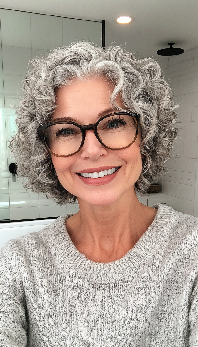 12. Short Curly Crop in Natural Grey (Hairstyles For Women Over 50 With Glasses) - Hairstyles For Women Over 50 With Glasses