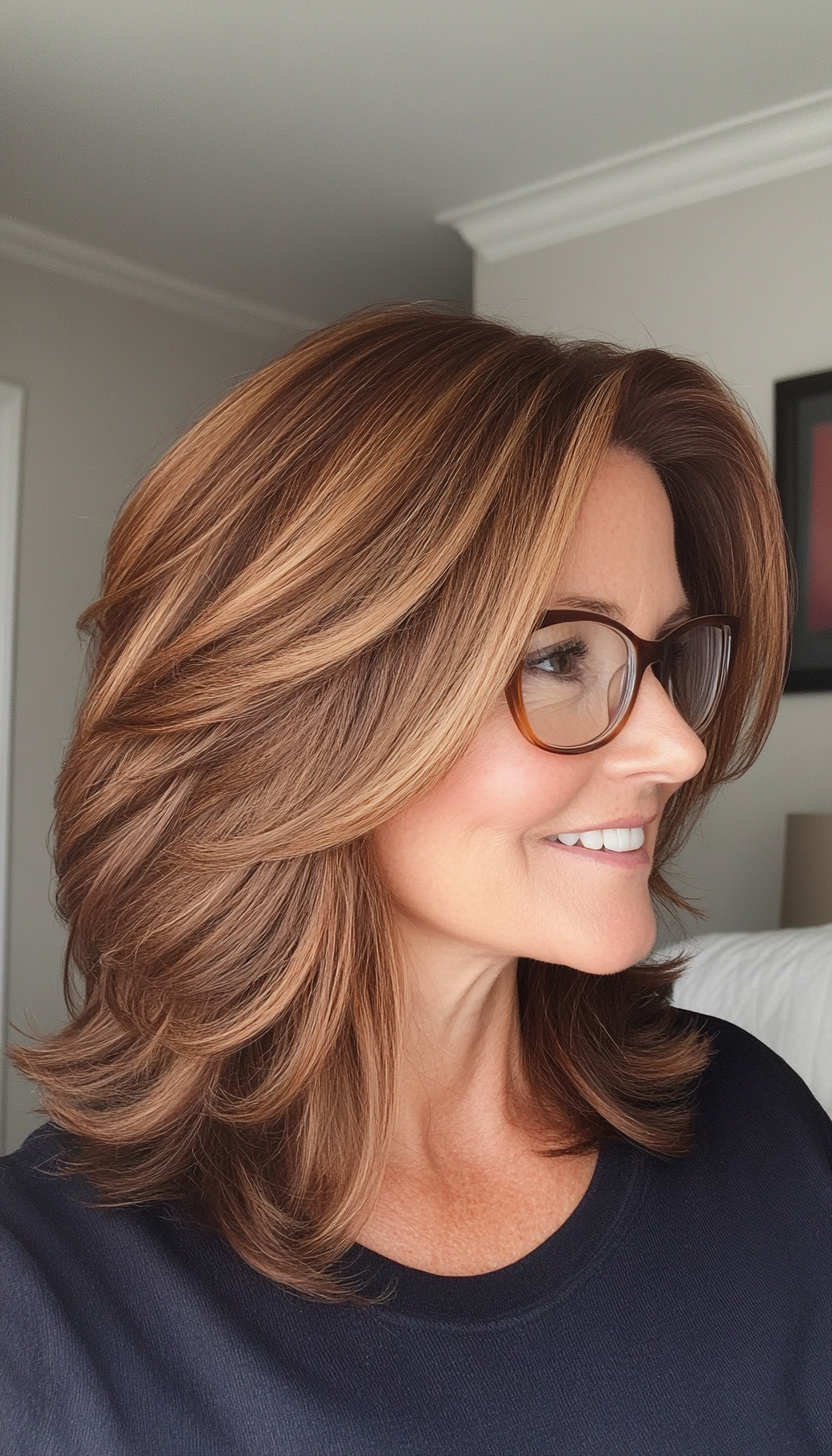 13. Layered Midi Cut in Caramel Brown (Hairstyles For Women Over 50 With Glasses) - Hairstyles For Women Over 50 With Glasses