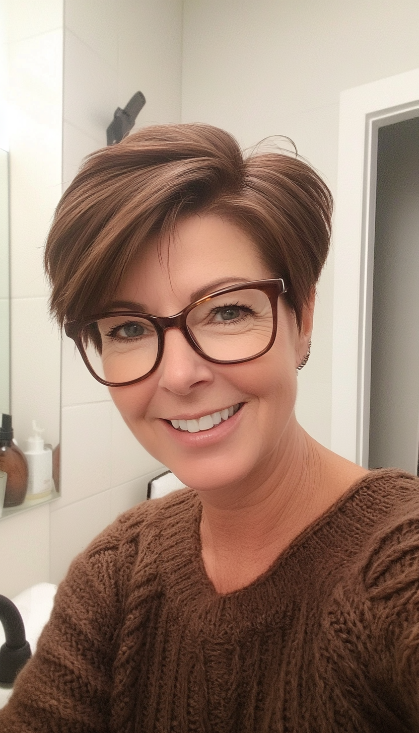 14. Side-Parted Pixie in Deep Chocolate Brown (Hairstyles For Women Over 50 With Glasses) - Hairstyles For Women Over 50 With Glasses