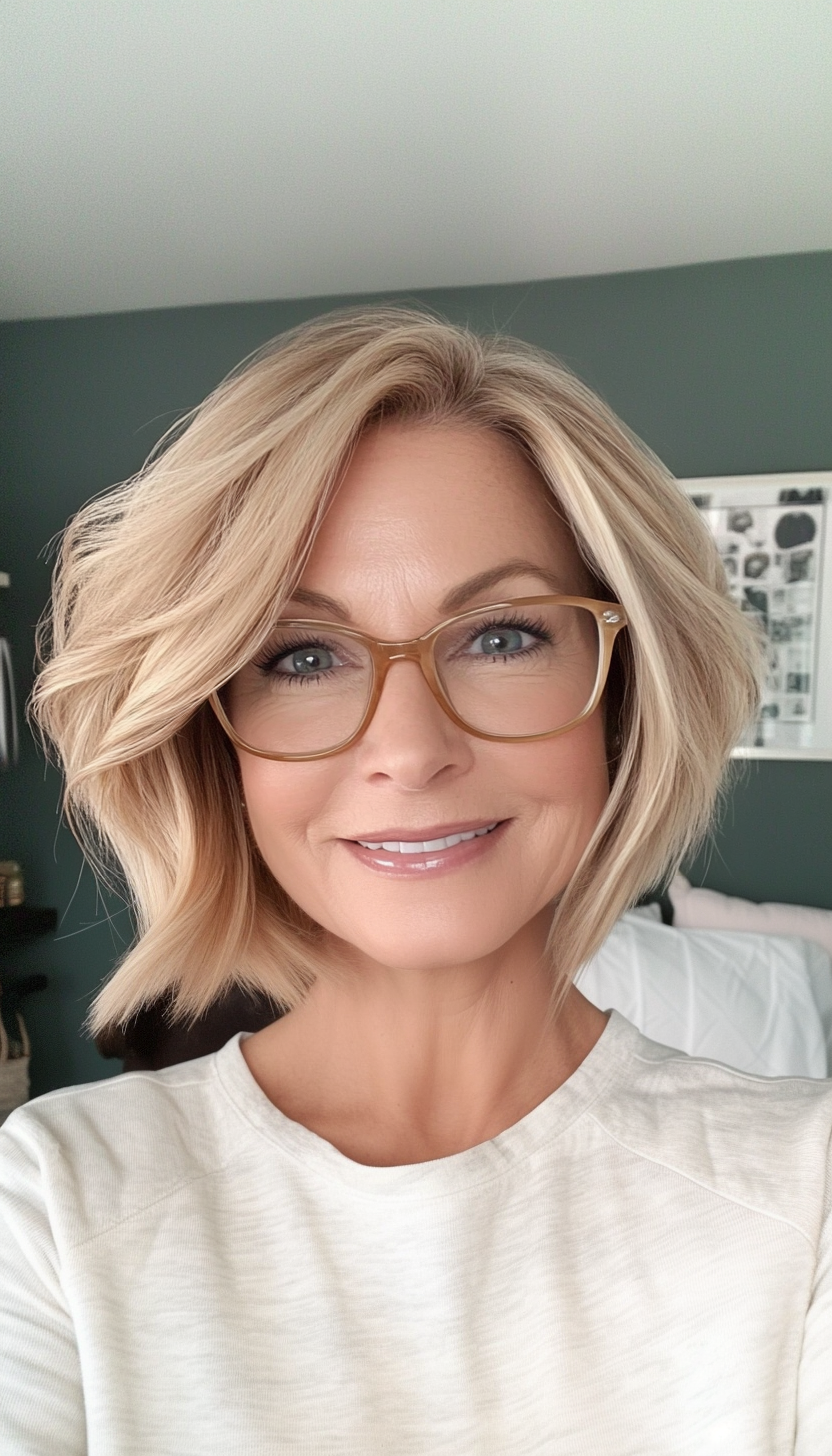 15. Tousled Bob in Sandy Blonde (Hairstyles For Women Over 50 With Glasses) - Hairstyles For Women Over 50 With Glasses