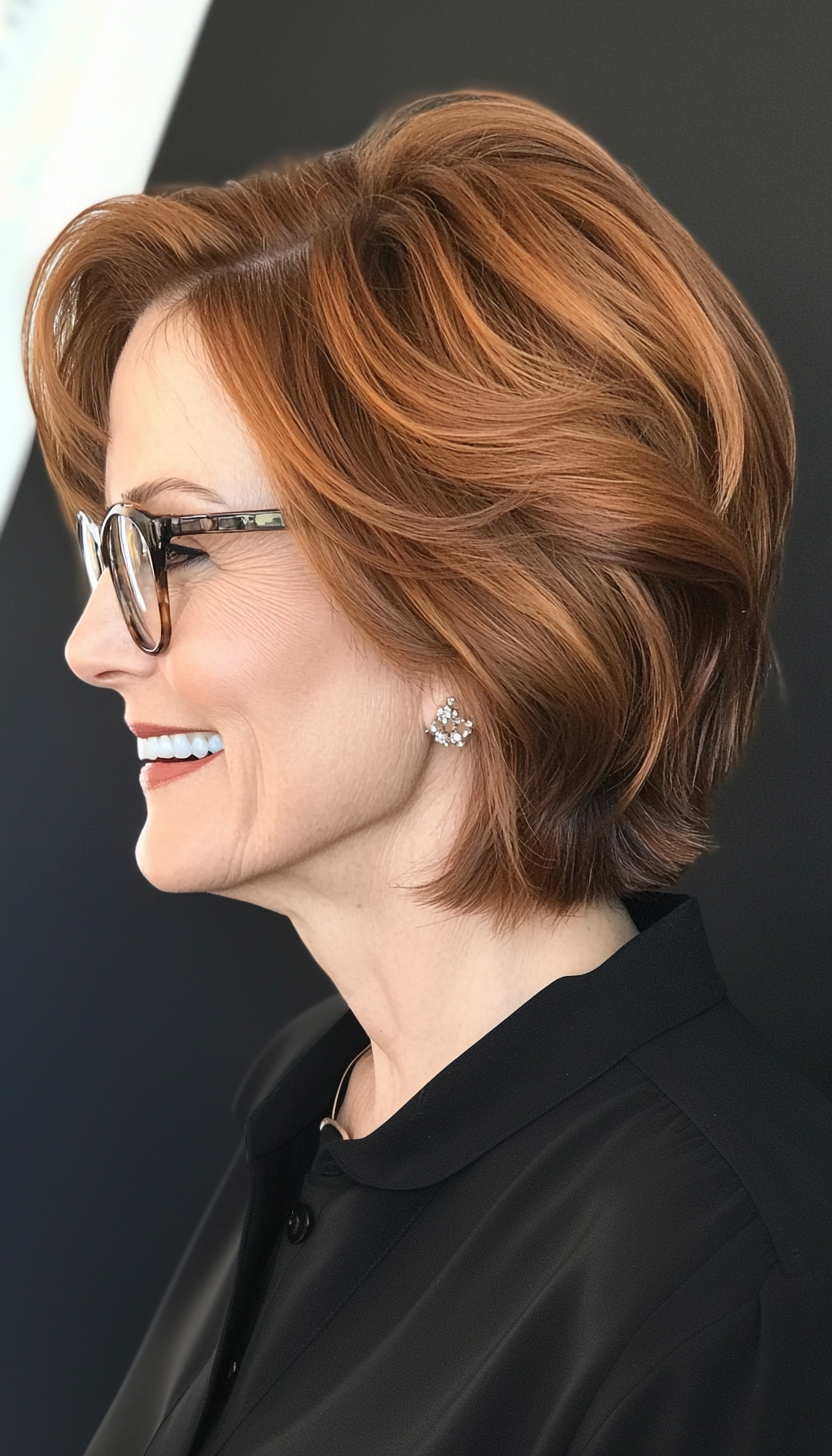 16. Asymmetrical Crop in Warm Chestnut (Hairstyles For Women Over 50 With Glasses) - Hairstyles For Women Over 50 With Glasses