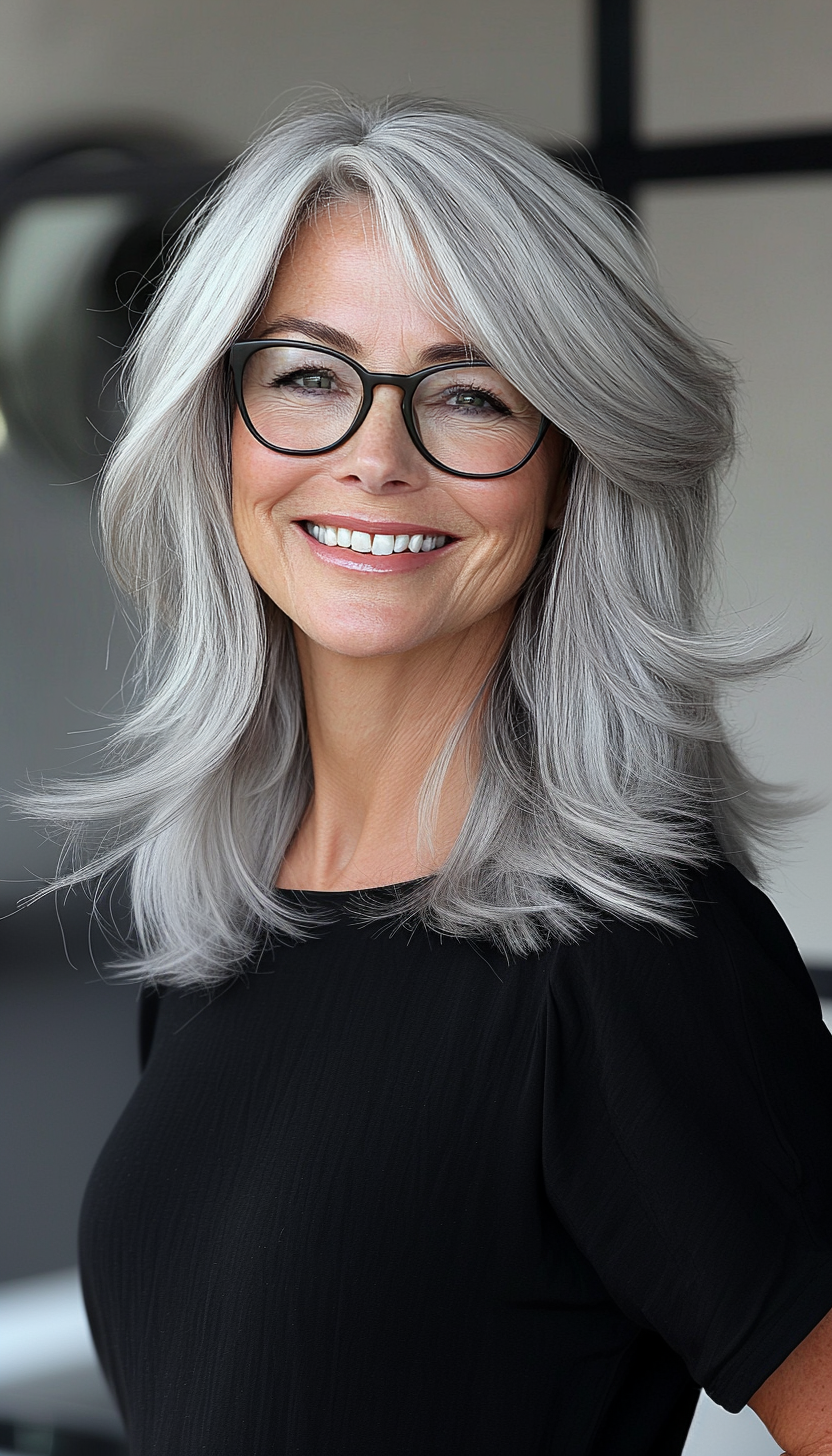 17. Swoopy Layered Lob in Soft Silver (Hairstyles For Women Over 50 With Glasses) - Hairstyles For Women Over 50 With Glasses