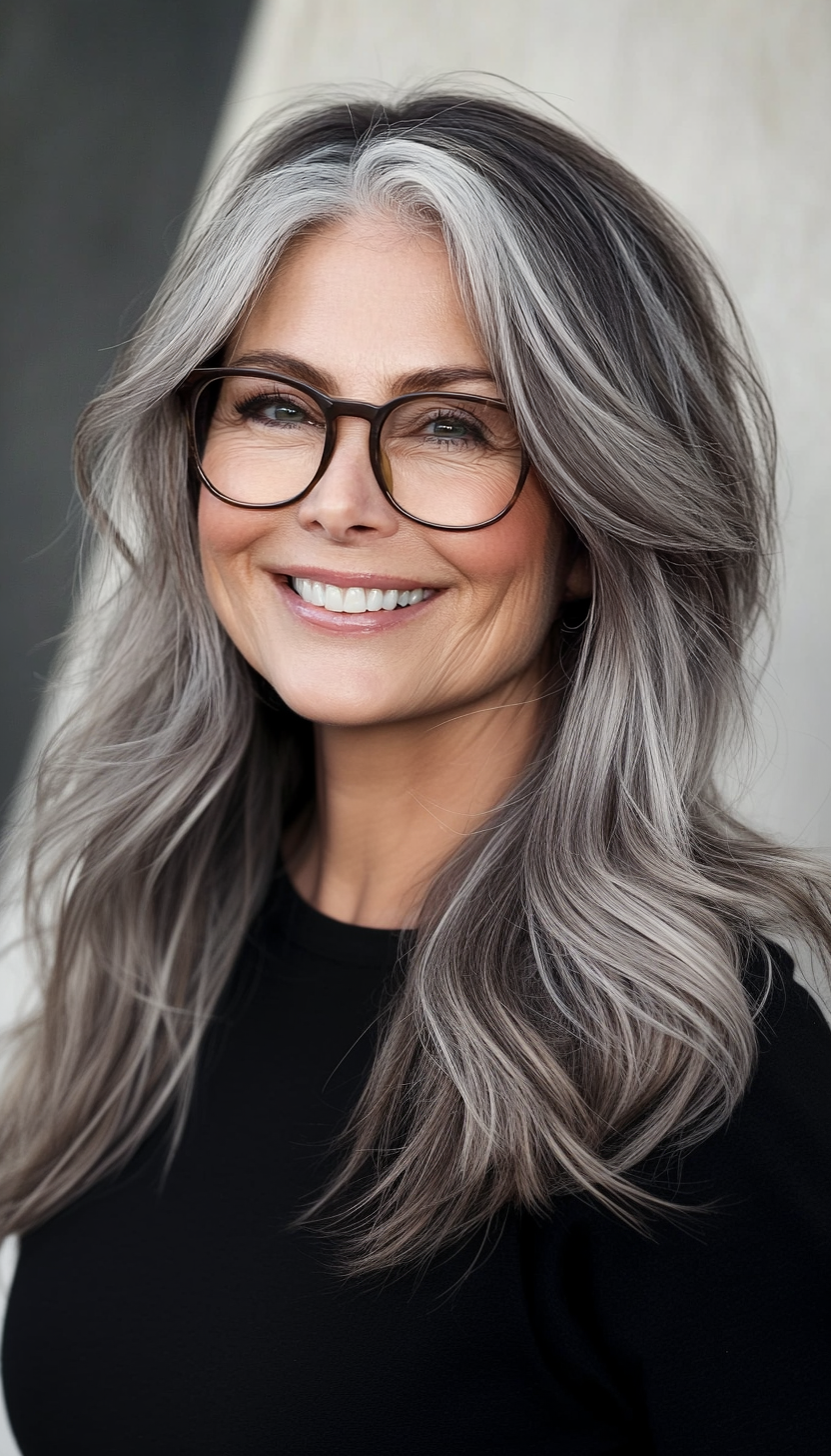 18. Medium-Length Layers in Dark Ash Brown (Hairstyles For Women Over 50 With Glasses) - Hairstyles For Women Over 50 With Glasses