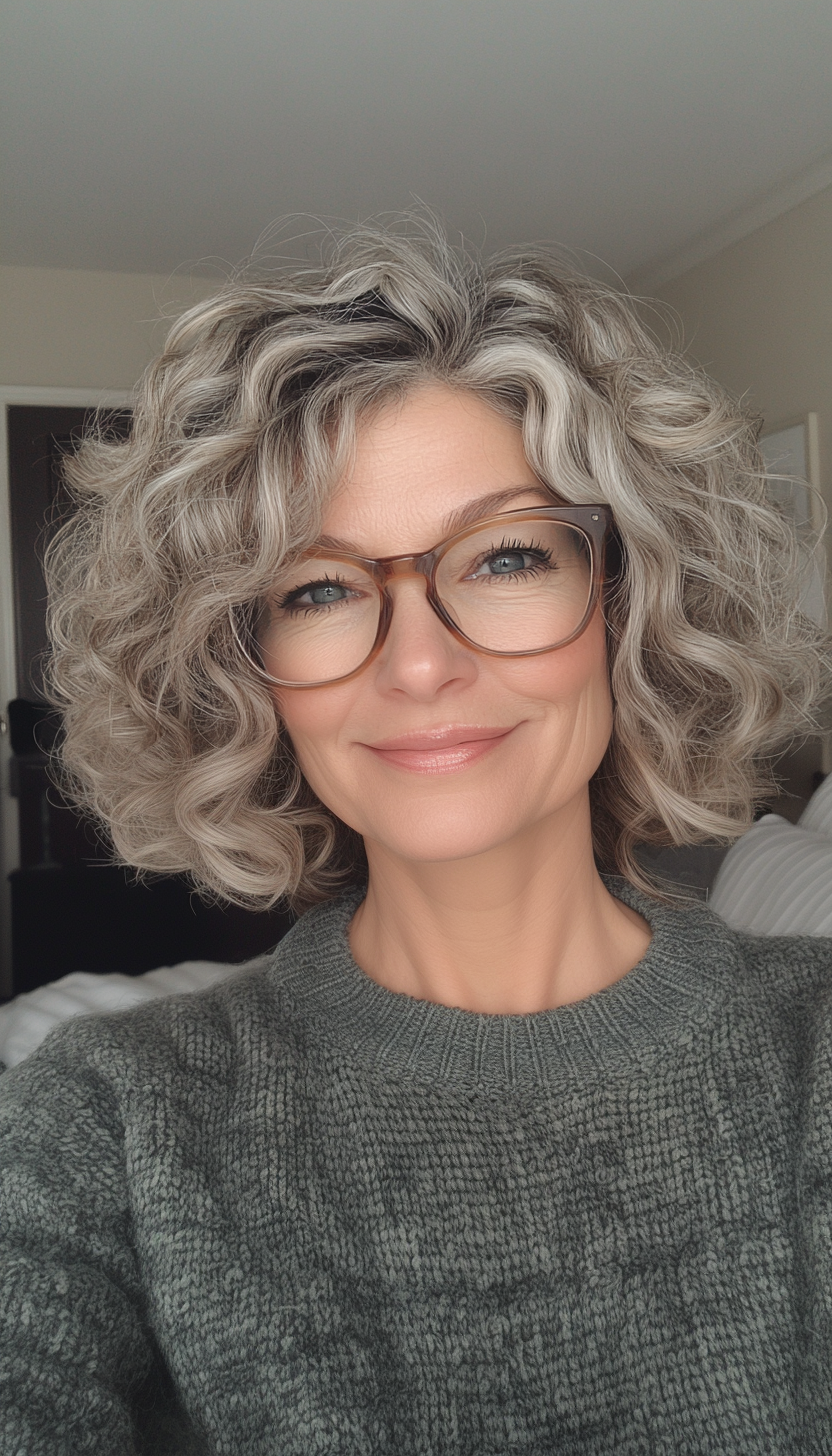 19. Chin-Length Curly Bob in Natural Salt & Pepper (Hairstyles For Women Over 50 With Glasses) - Hairstyles For Women Over 50 With Glasses