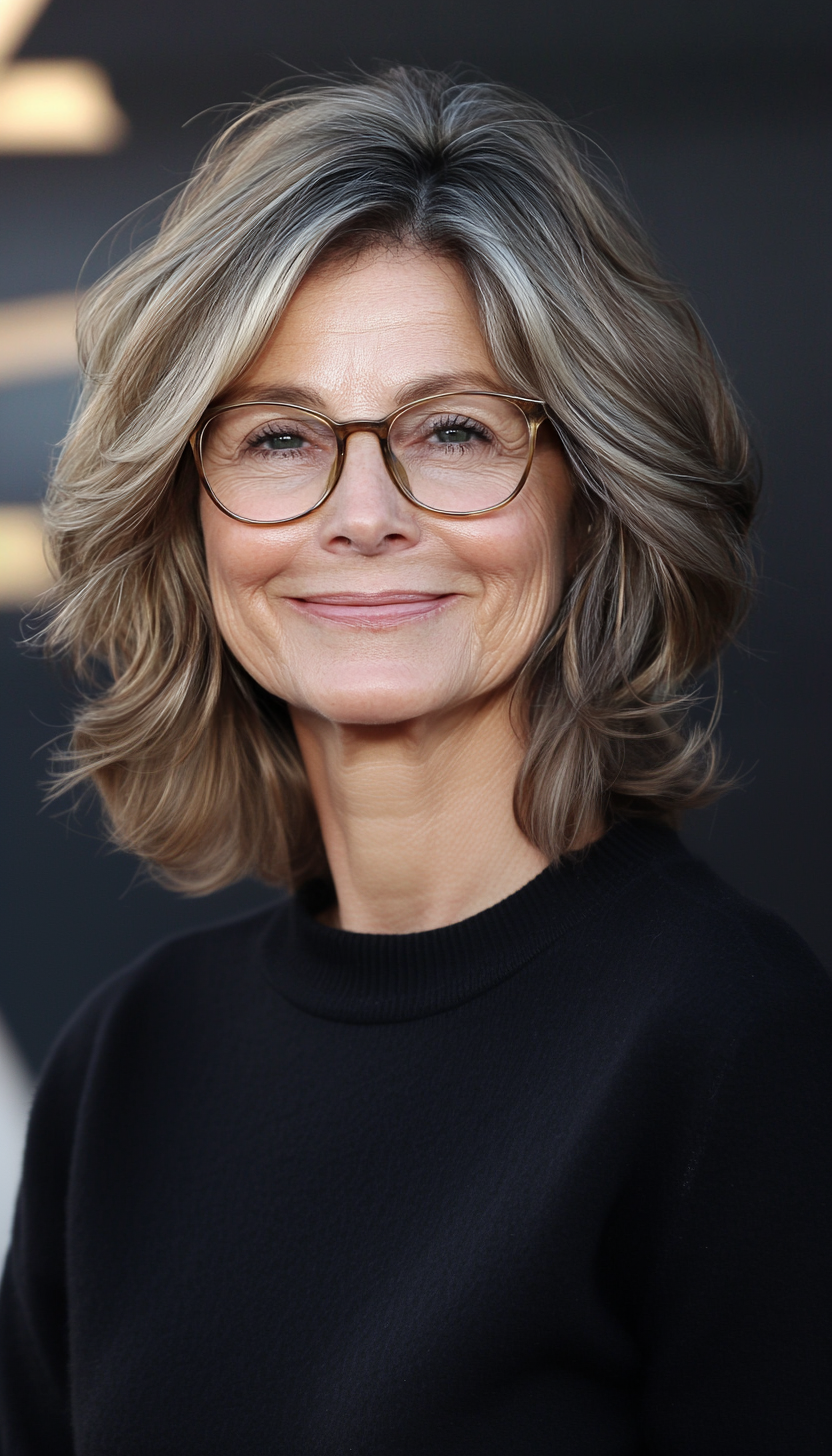 21. Soft Feathered Bob in Natural Light Brown (Hairstyles For Women Over 50 With Glasses) - Hairstyles For Women Over 50 With Glasses