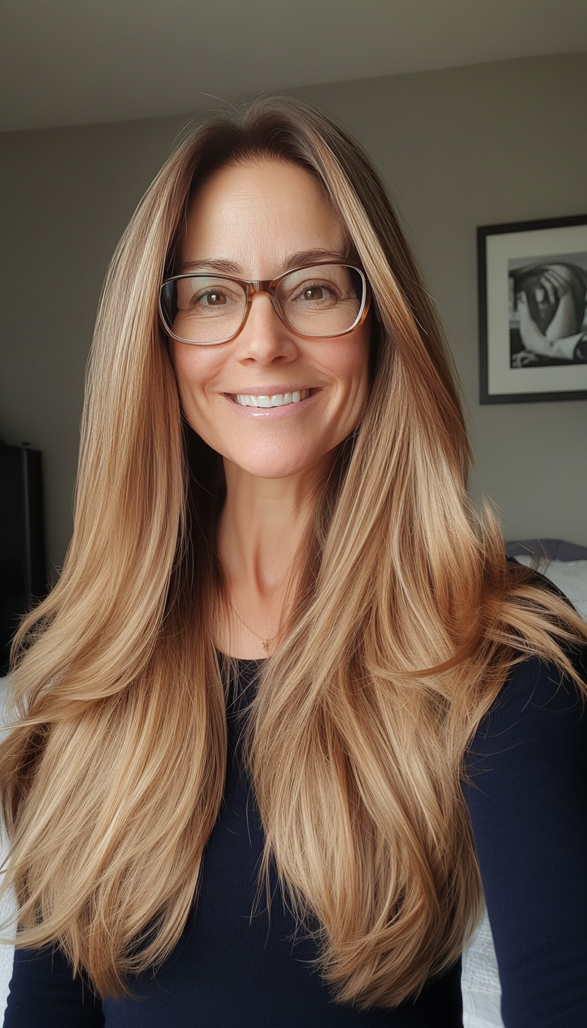 22. Long Straight Layers in Honey Brunette (Hairstyles For Women Over 50 With Glasses) - Hairstyles For Women Over 50 With Glasses