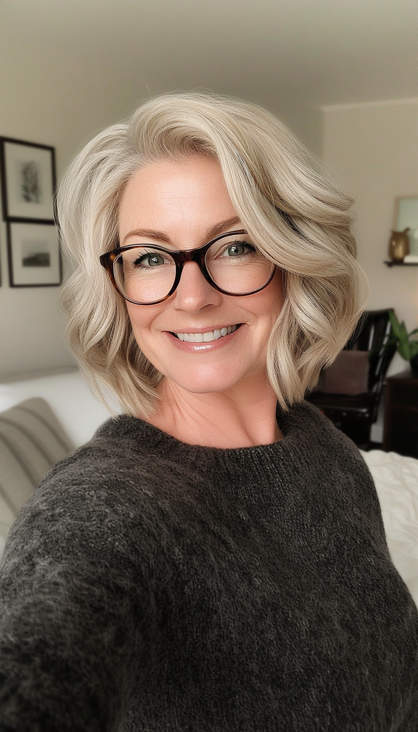 23. Short Layered Waves in Medium Ash Blonde (Hairstyles For Women Over 50 With Glasses) - Hairstyles For Women Over 50 With Glasses