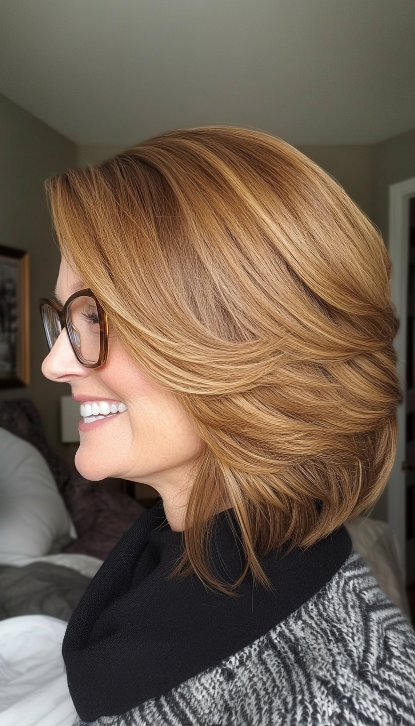 24. Side-Swept Lob in Golden Brown (Hairstyles For Women Over 50 With Glasses) - Hairstyles For Women Over 50 With Glasses