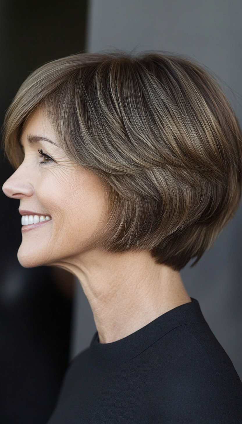 2. Chin-Length Bob with Wispy Bangs in Warm Brunette (Short Haircuts Women Over 60) - Short Haircuts Women Over 60