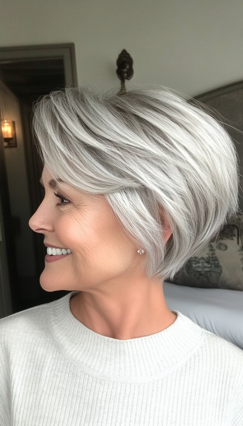 8. Layered Crop in Icy Silver (Short Haircuts Women Over 60) - Short Haircuts Women Over 60