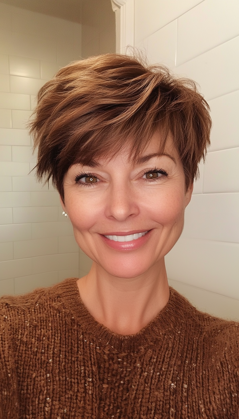19. Shaggy Pixie in Warm Chestnut (Short Haircuts Women Over 60) - Short Haircuts Women Over 60