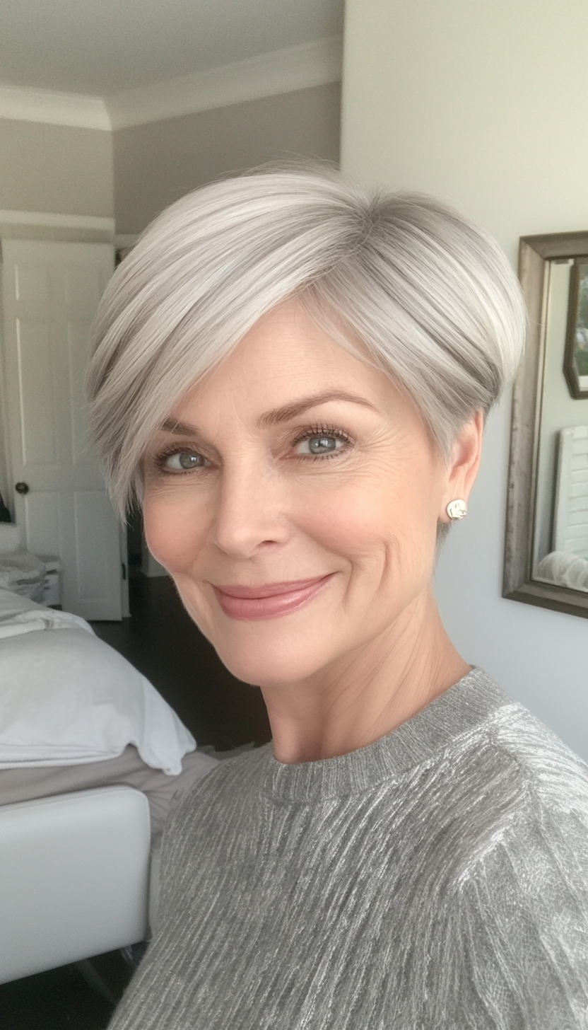 21. Pixie with Side Bangs in Cool Silver Gray (Short Haircuts Women Over 60) - Short Haircuts Women Over 60