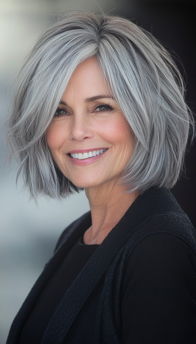 14. Choppy Layered Bob in Smoky Gray (Short Haircuts Women Over 60) - Short Haircuts Women Over 60