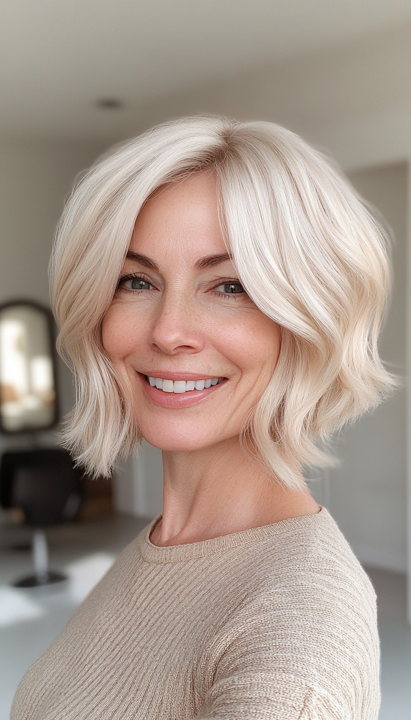 27. Soft Wavy Bob in Champagne Blonde (Short Haircuts Women Over 60) - Short Haircuts Women Over 60