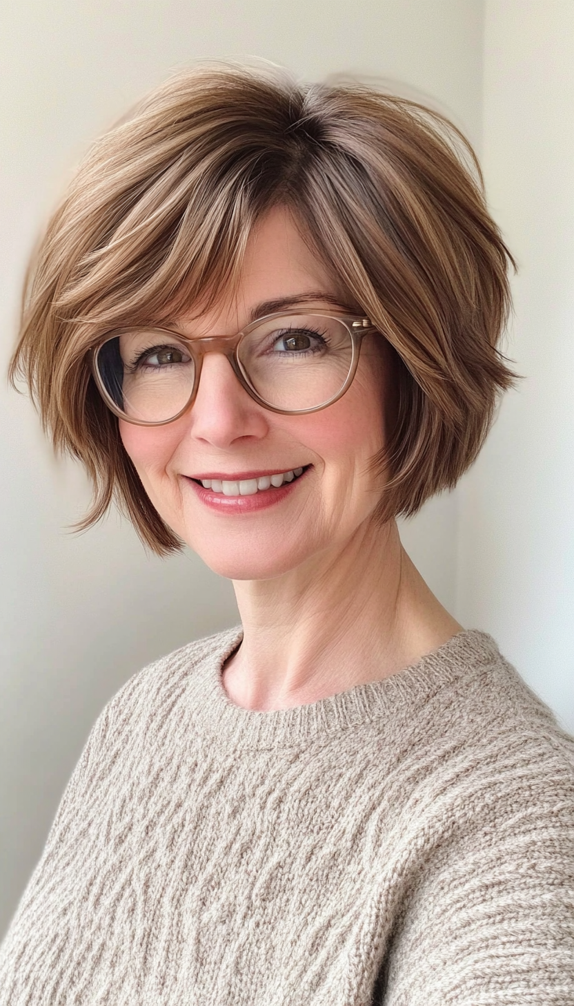 2. Warm Chestnut Layered Bob (Short Hairstyles For Women Over 60 With Glasses) - Short Hairstyles For Women Over 60 With Glasses