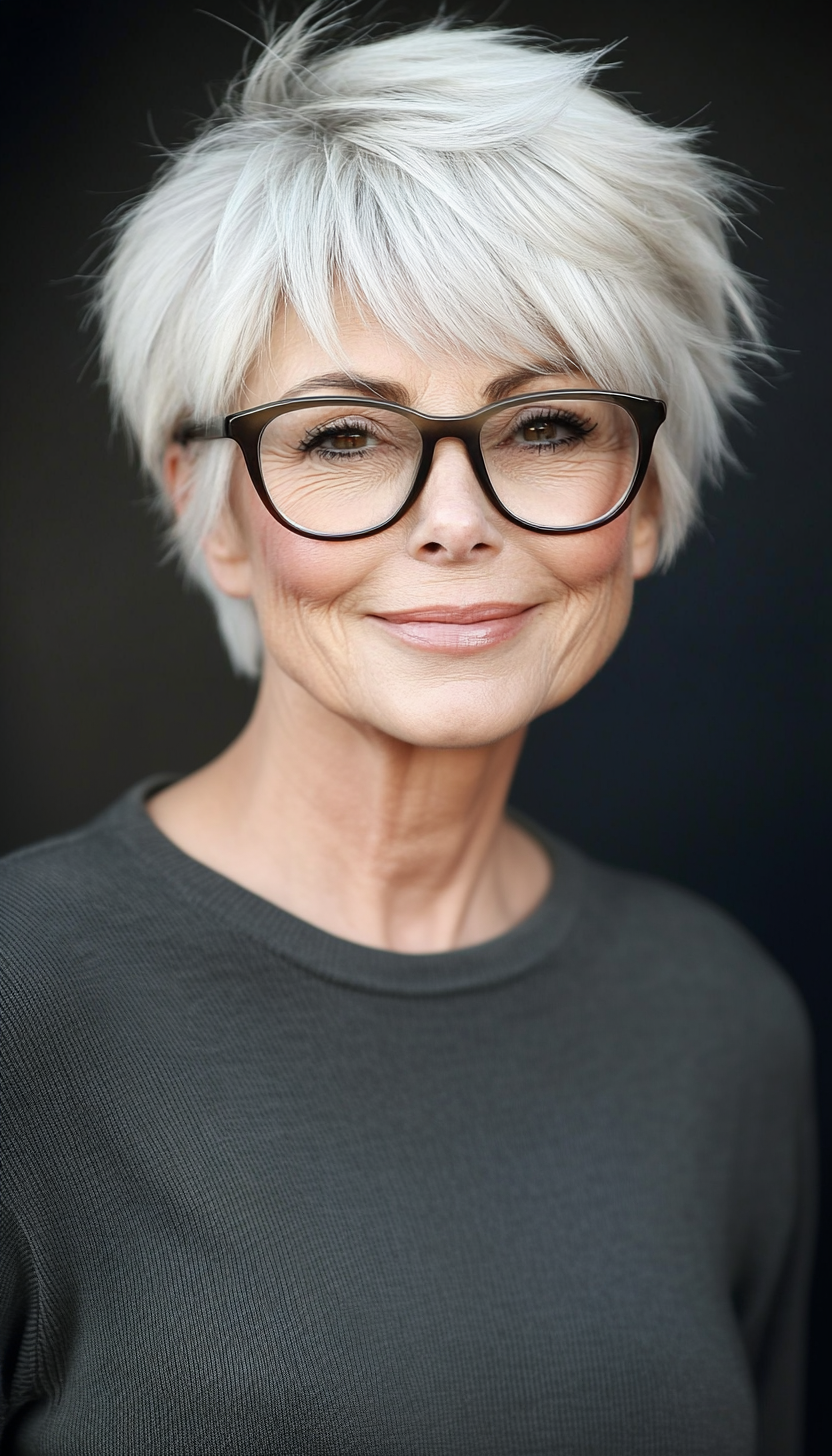 3. Soft Salt-and-Pepper Crop (Short Hairstyles For Women Over 60 With Glasses) - Short Hairstyles For Women Over 60 With Glasses